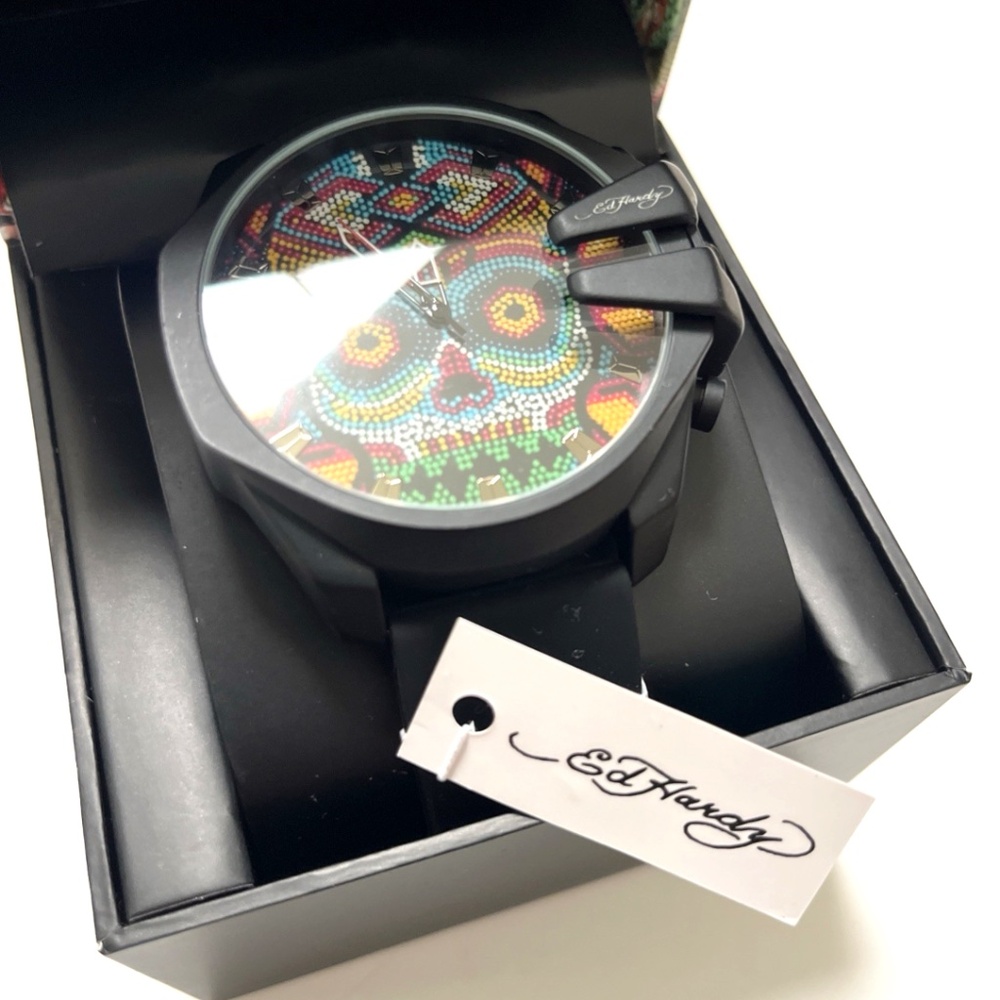 ED HARDY Oversized Skull Beaded Dial Wristwatch Color Black Silicone Strap Watch - Picture 5 of 8